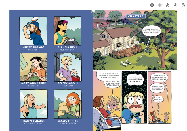 Two pages from a fixed-layout graphic novel, the first introducing the main characters, the second showing the first several comic panels.